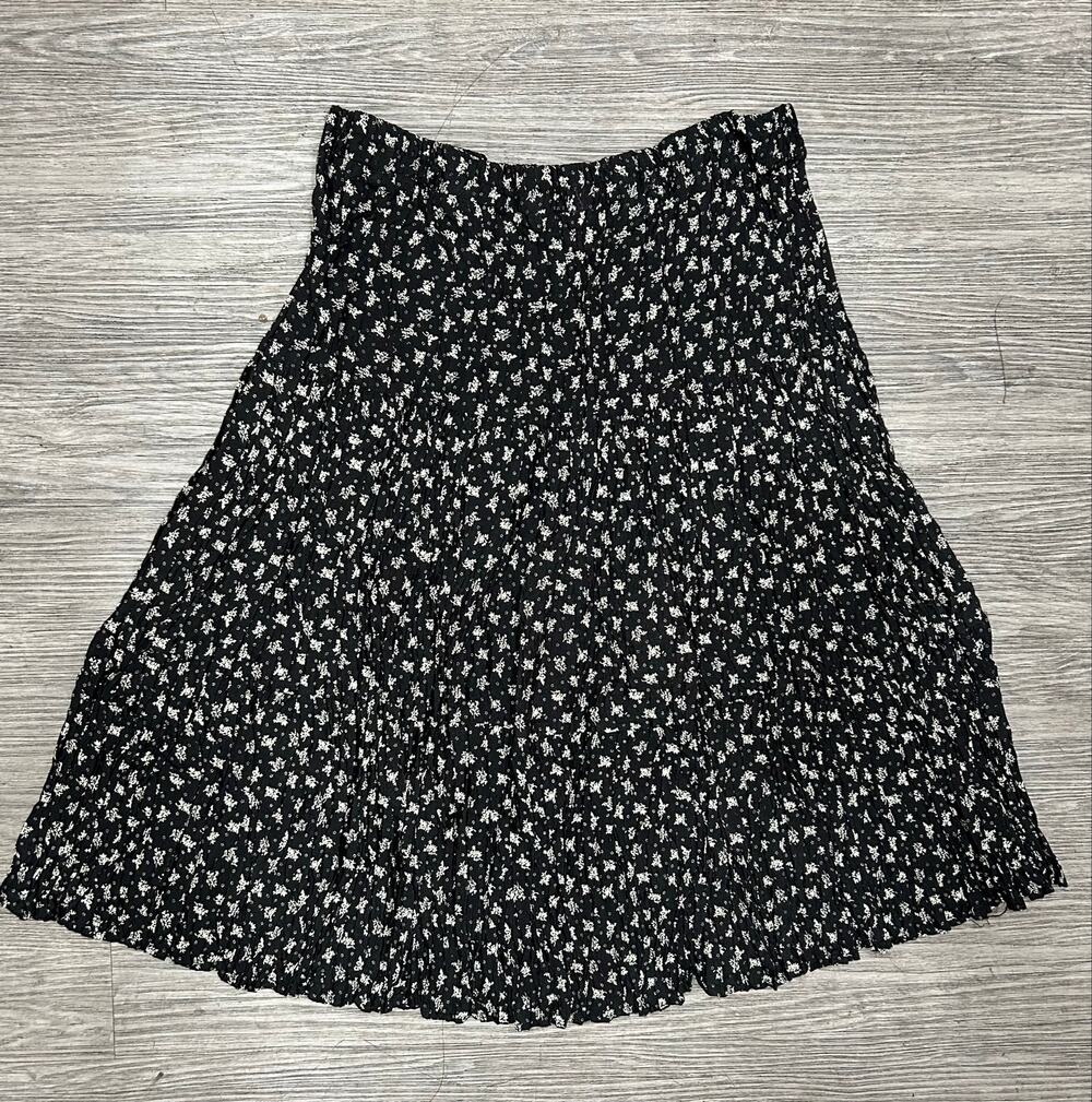 Vintage Intimy Mark Hankin Black White Floral Crinkle Skirt Size 18 Rayon Boho⁠